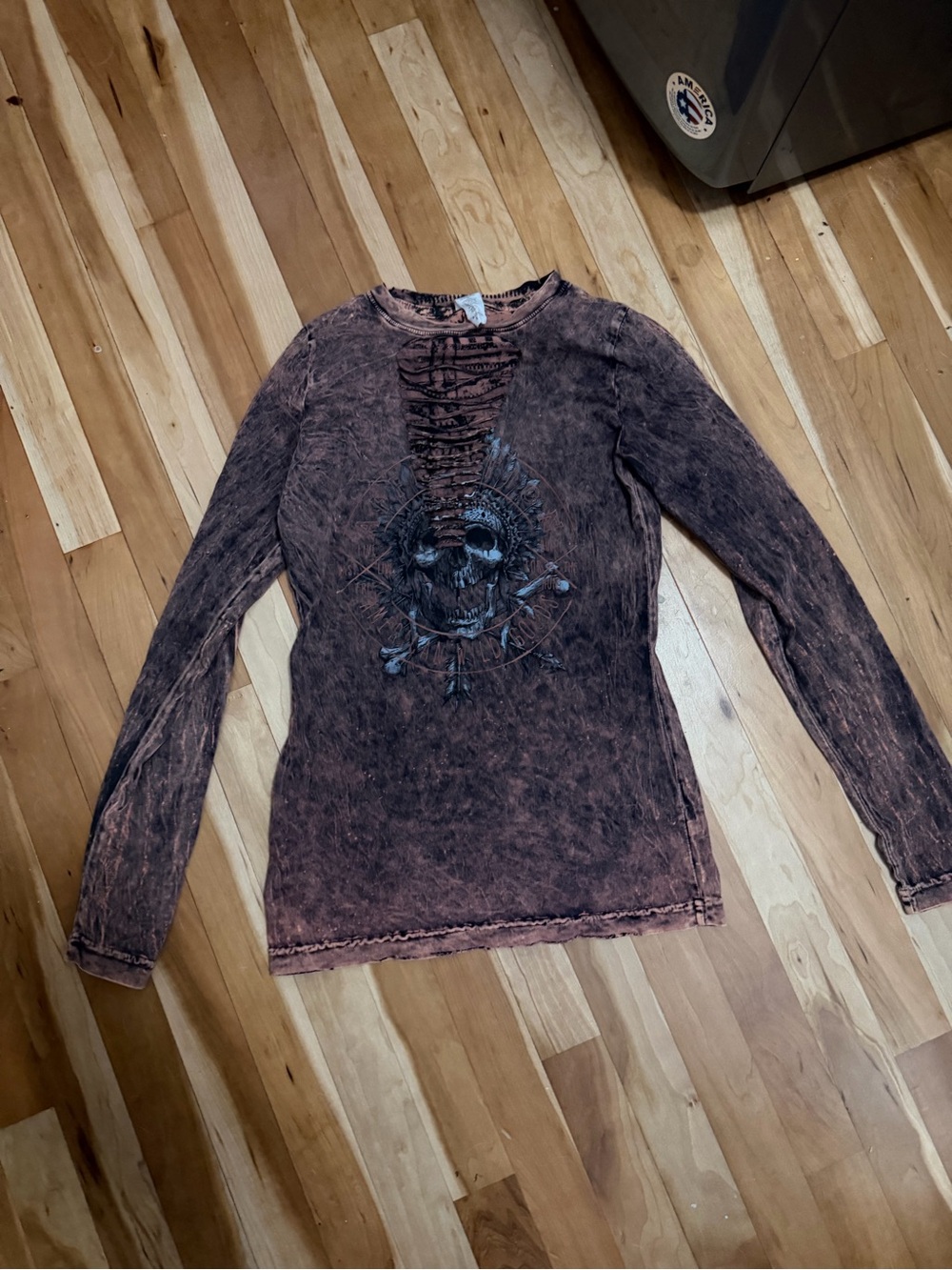 Affliction Rust Brown Distressed Skull Long Sleeve Tee